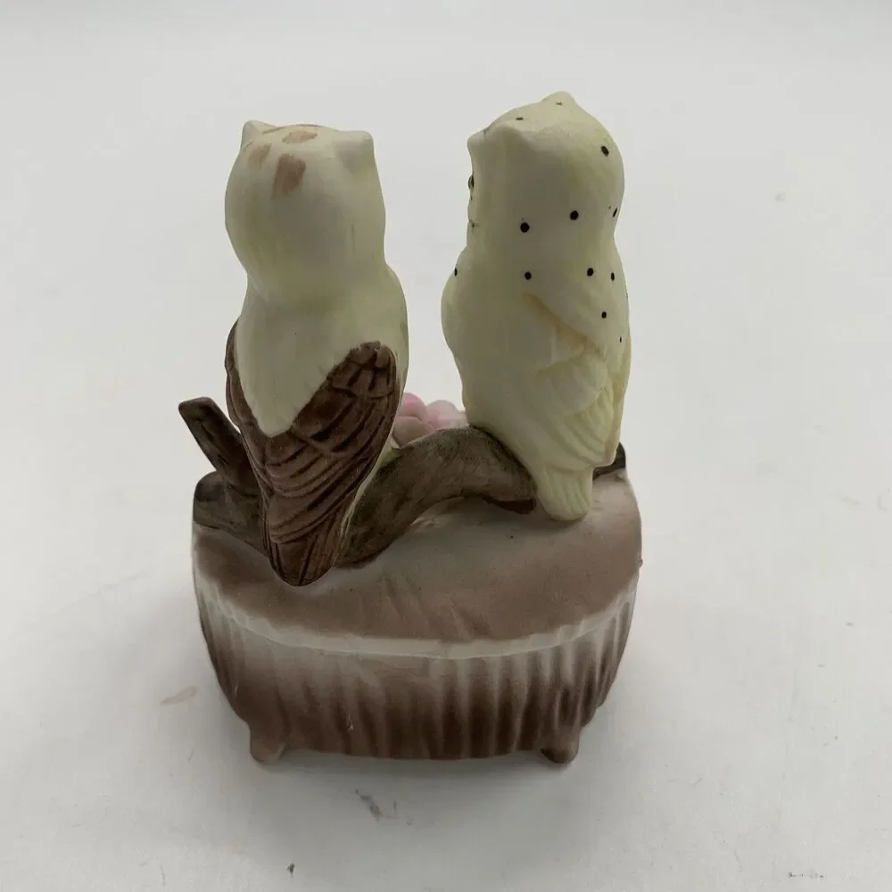 LEFTON China Trinket Box Perched Owls Delicate Floral Accent Brown Number 05090